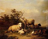Sheep With Resting Lambs And Poultry In A Landscape by Eugene Verboeckhoven